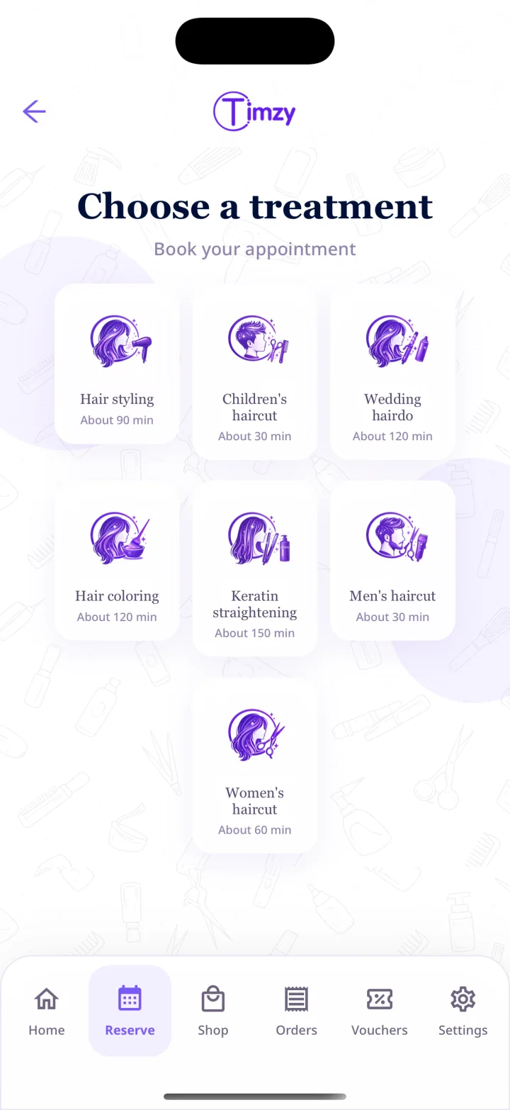 Actual Timzy services screen