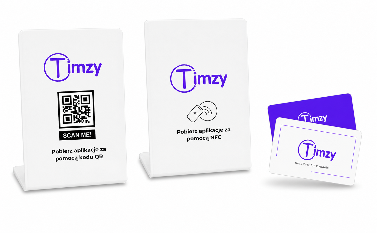 Complete Timzy NFC and QR stands with fully visible business cards
